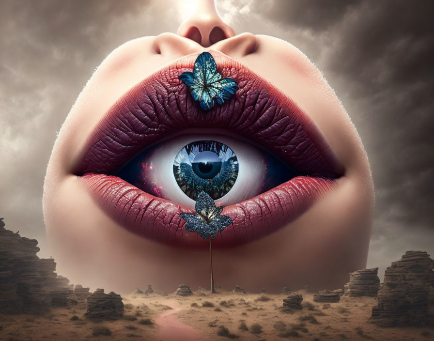 Surrealistic image: lips, eye, butterfly, desert, rock formations, cloudy sky