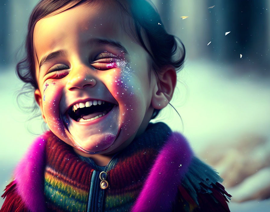 Smiling toddler with glitter face paint and colorful scarf in snowy scene