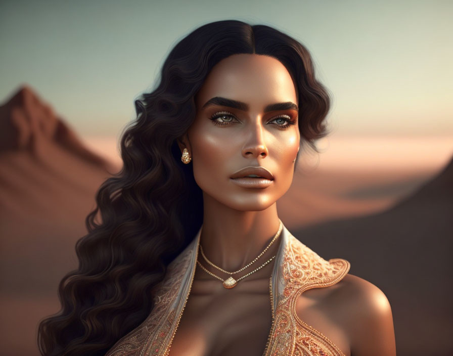 Woman with flowing hair, makeup, jewelry in desert sunset portrait