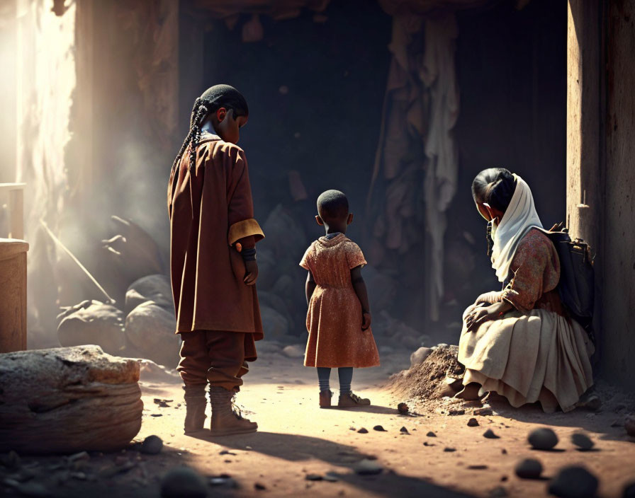 Two Women and Child in Traditional Clothing in Sunlit Room