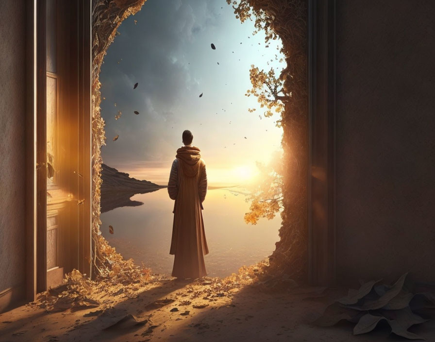 Person in coat stands by surreal sunset portal with floating rocks