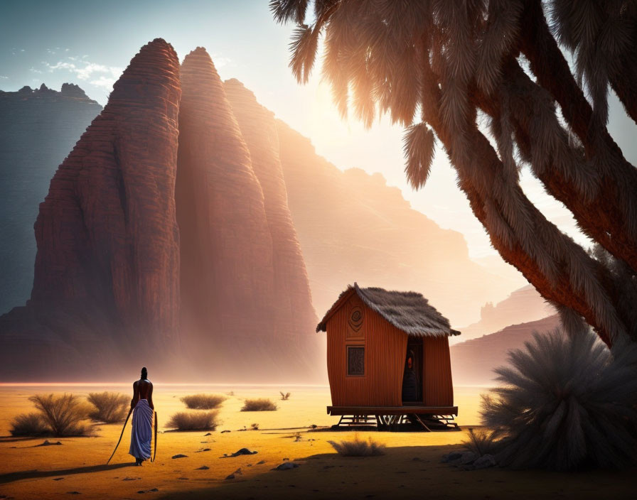 Person in blue robe near wooden house on wheels in desert with rock formations and palm trees