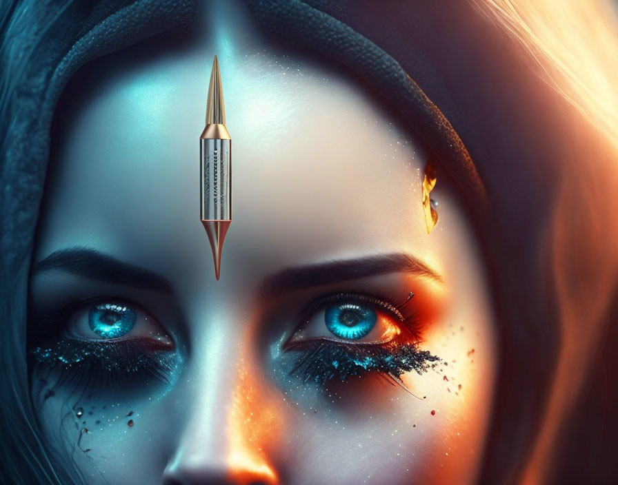 Close-up digital artwork: Woman with blue eyes, glittery makeup, and symbolic pencil above eyebrow