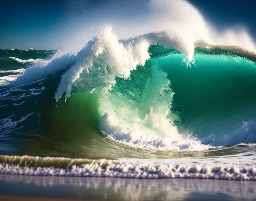 Turquoise Wave About to Crash on Sandy Beach