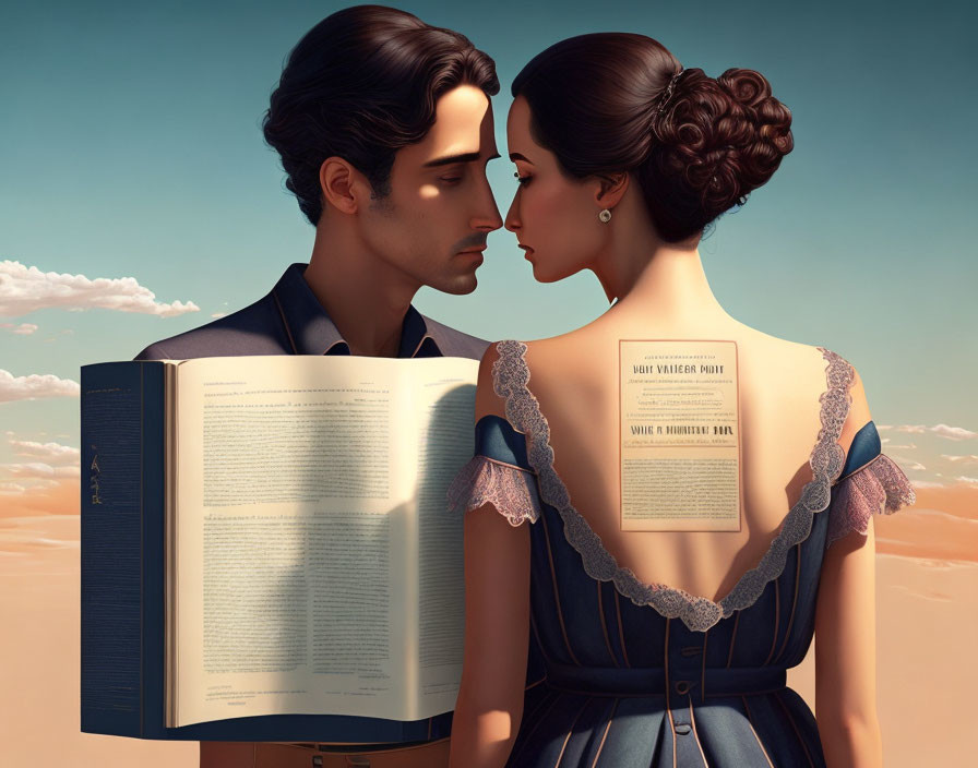 Man and woman in vintage clothing sharing intimate moment with open book between them.