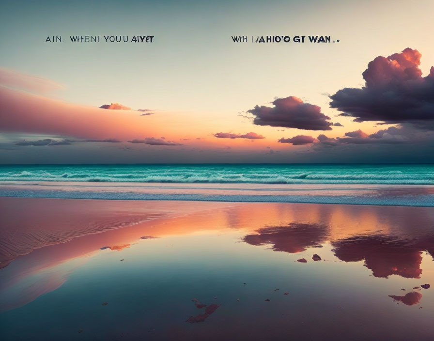 Tranquil sunset beach scene with pastel skies, reflected in wet sand