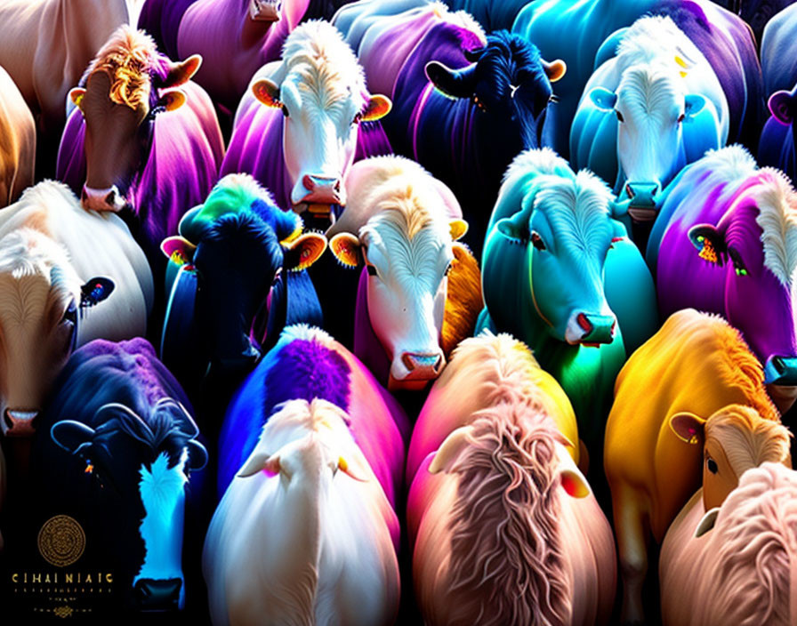 Vibrant rainbow-colored sheep herd in art piece