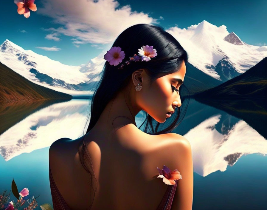 Digital Artwork: Woman with Floral Headpiece in Mountainous Landscape