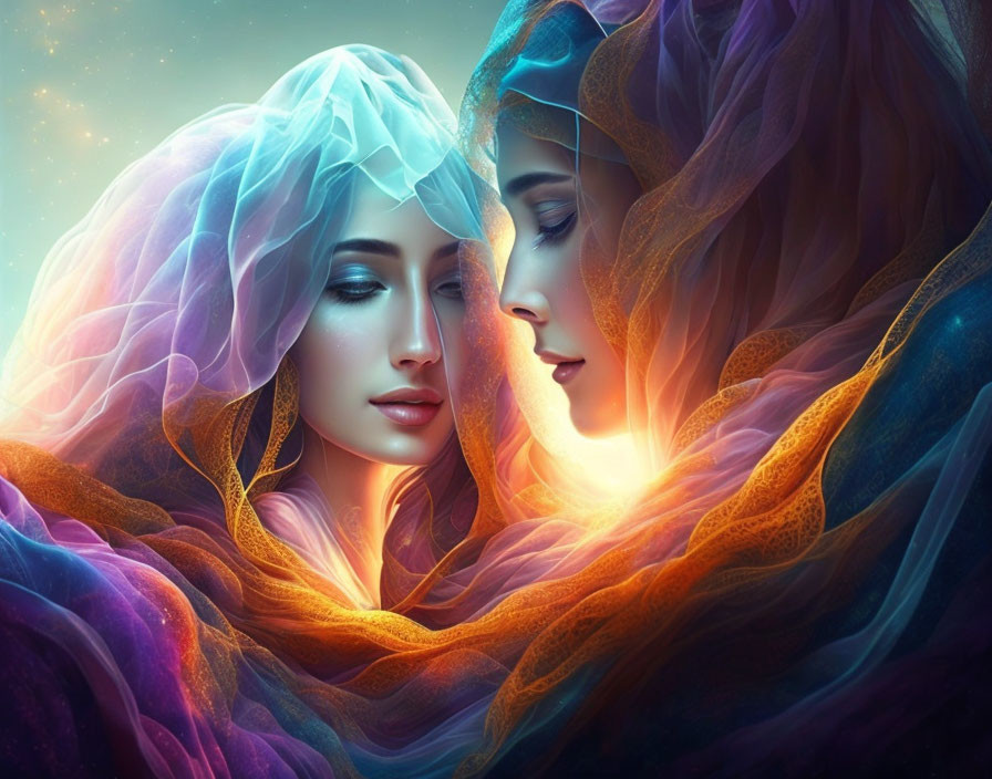 Colorful flowing hair and veils on two ethereal women against a starry background