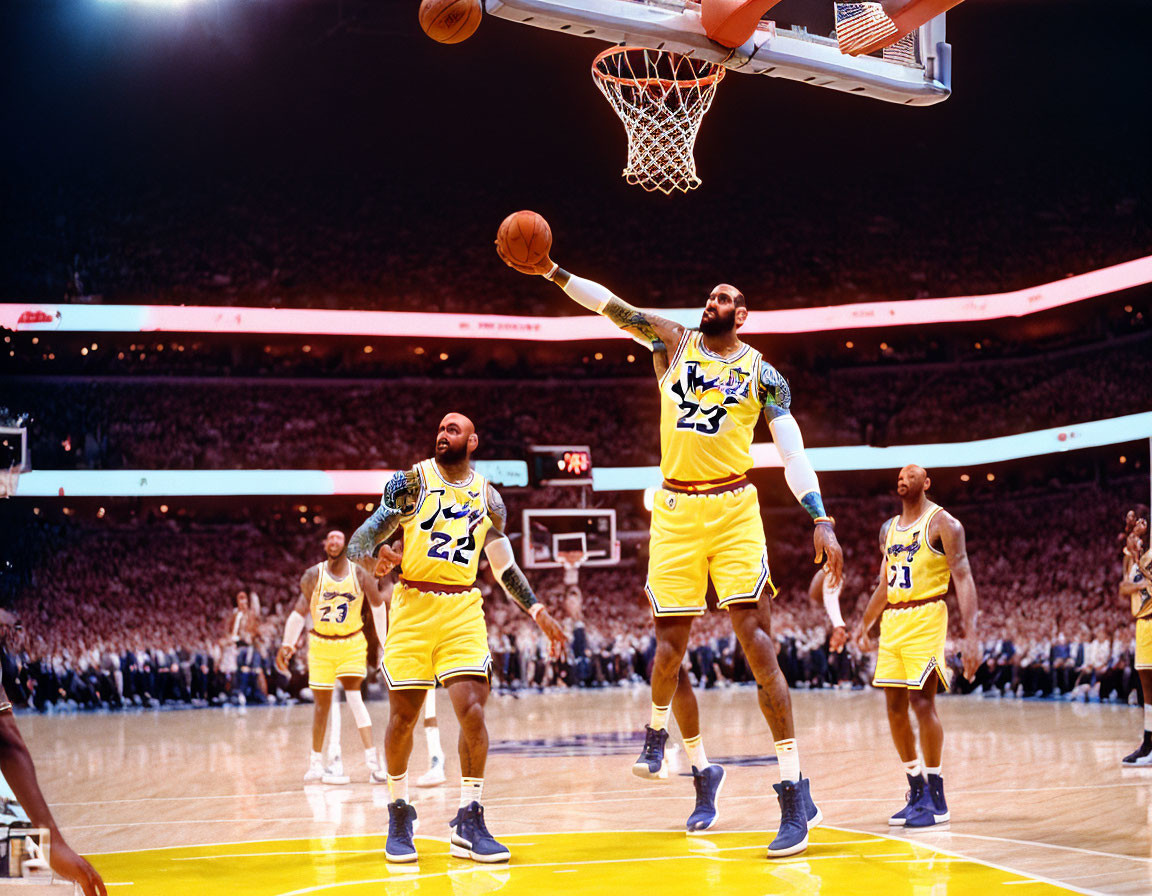 Basketball player in yellow and purple uniform jumping on court.