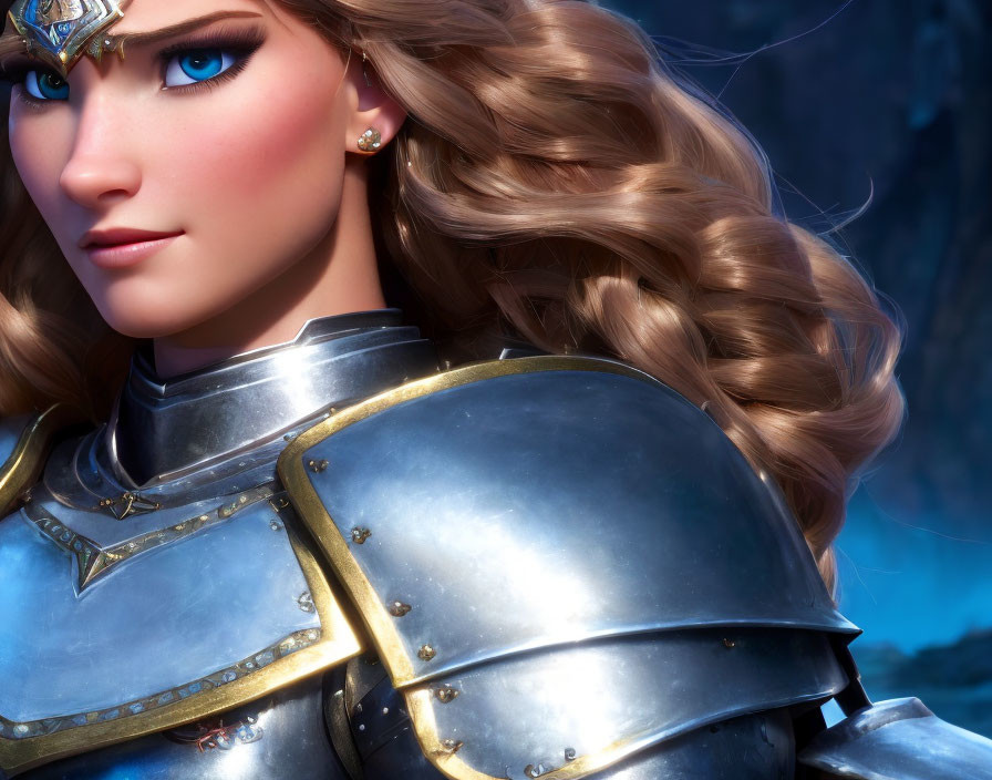 Close-up 3D-rendered female warrior in silver armor with blue eyes