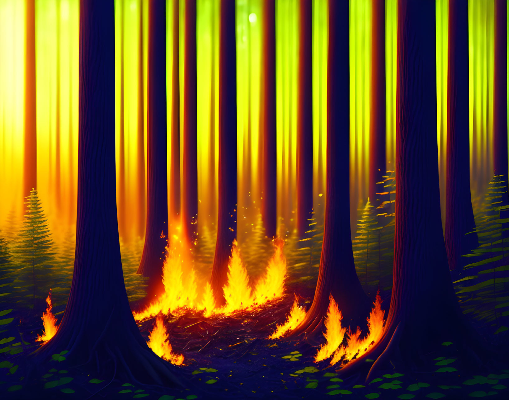 Forest fire illuminates dense woodland with warm light