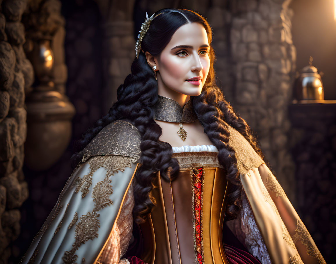 Medieval-themed portrait of regal woman with braided hair in ornate gown and crown.