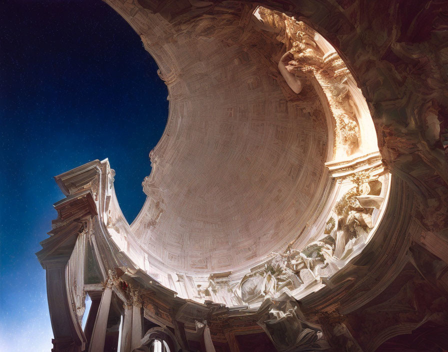 Baroque interior with trompe-l'œil dome and sculptures under blue sky