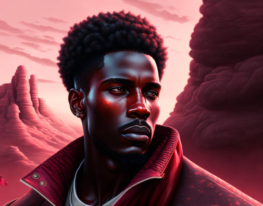 Intense gaze man illustration with dark hair in red lighting