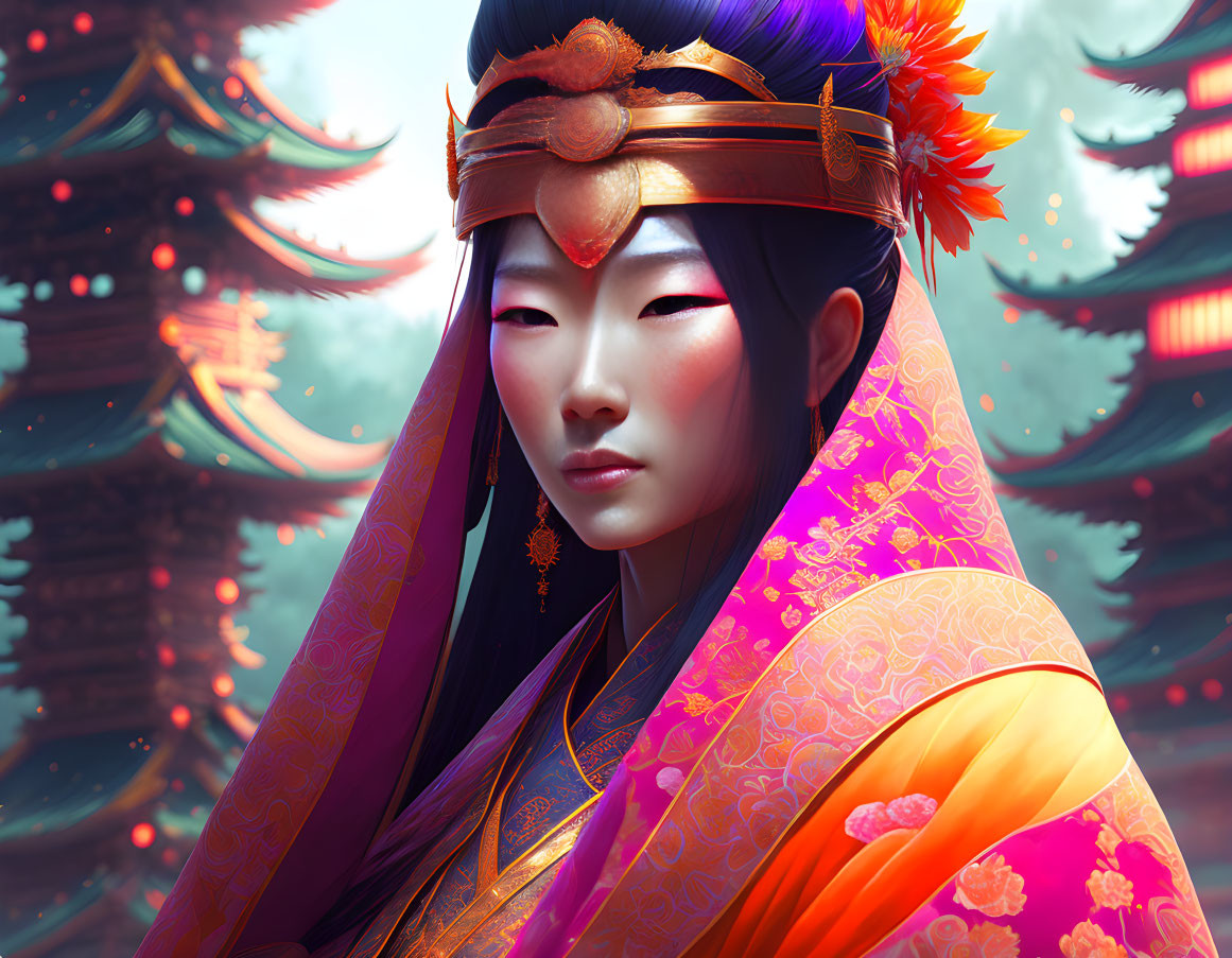 Illustrated woman in traditional Asian attire with temples and red foliage.