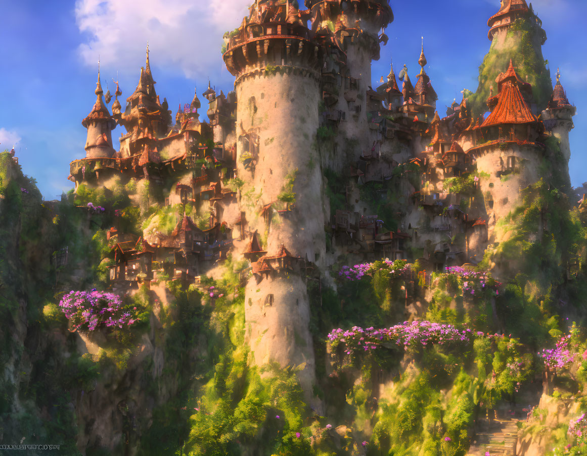 Fantasy castle with towering spires in lush greenery