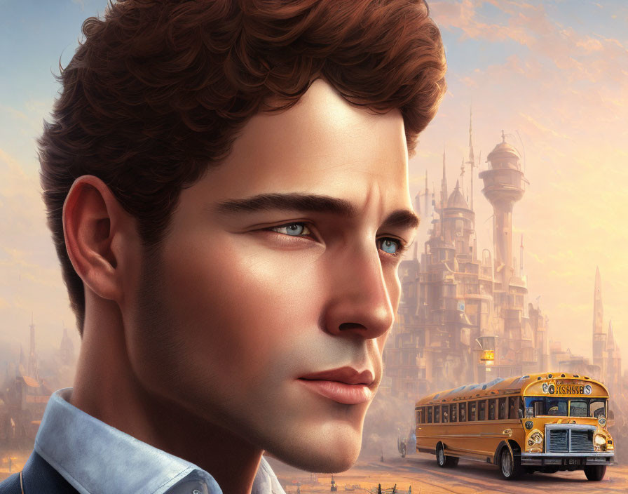 Detailed man's profile with school bus and fantasy castle on golden background