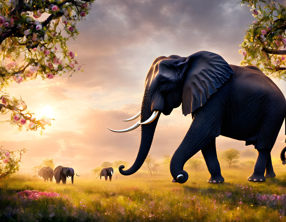 Elephants in Blossoming Meadow at Sunrise