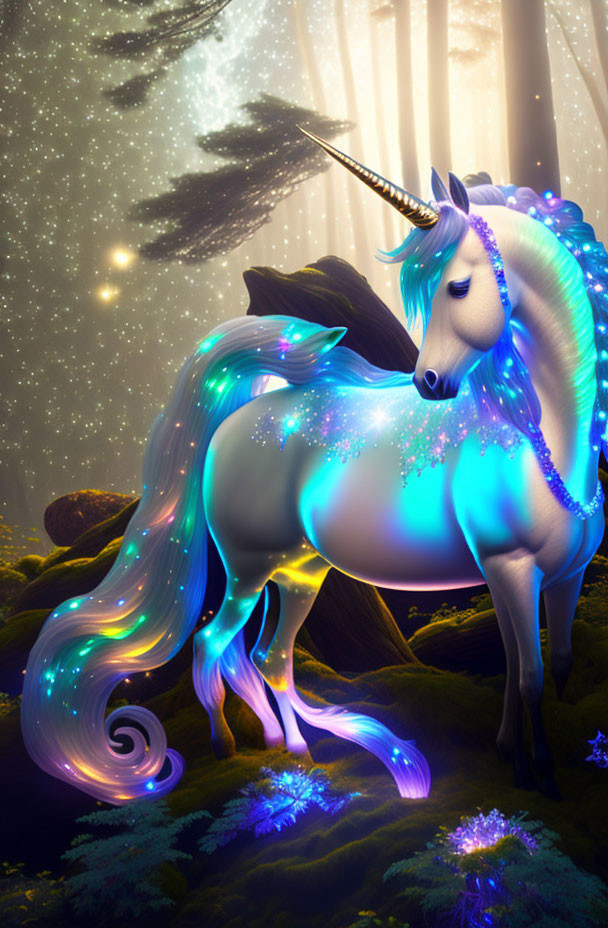 Majestic unicorn with shimmering mane in mystical forest