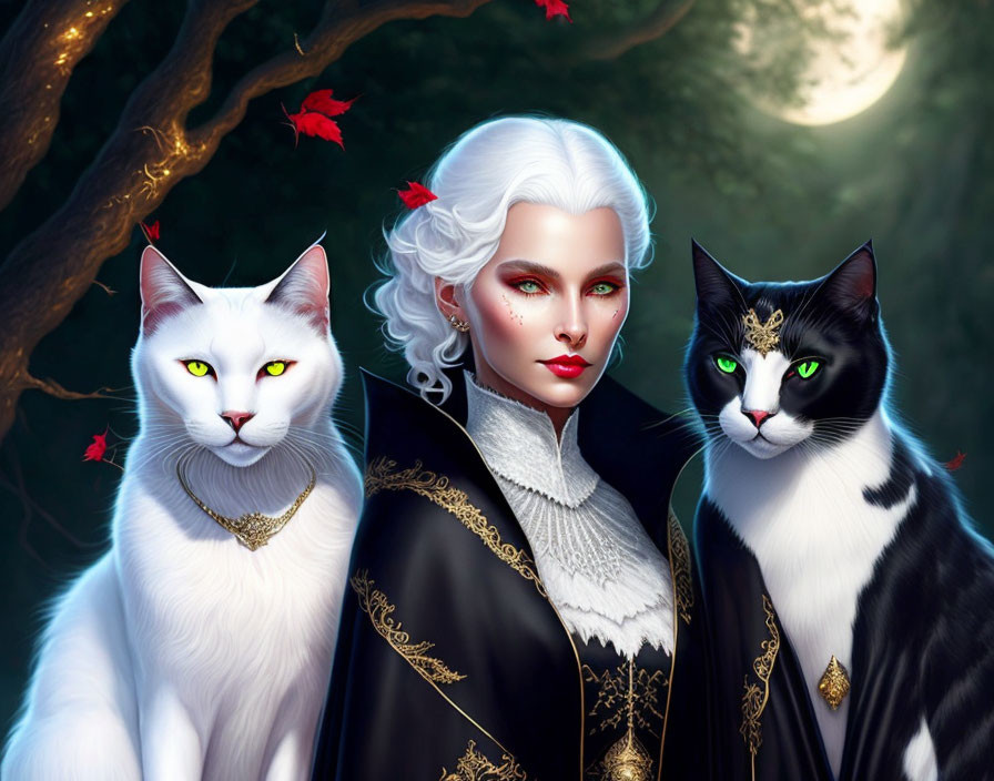 Regal woman with white hair and majestic cats in moonlit setting