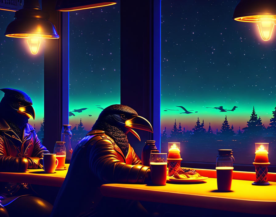 Anthropomorphic birds in a diner at night with drinks, warm lighting, and a dusk landscape.