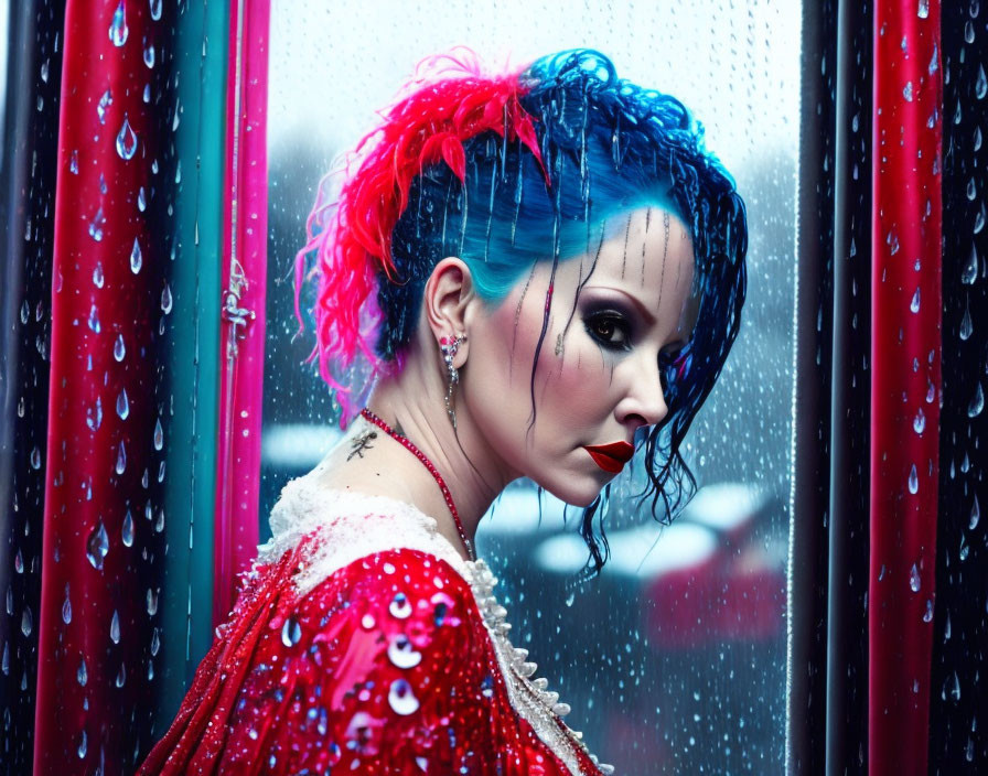 Vibrant blue and red hair woman in sparkling red outfit behind rain-streaked window