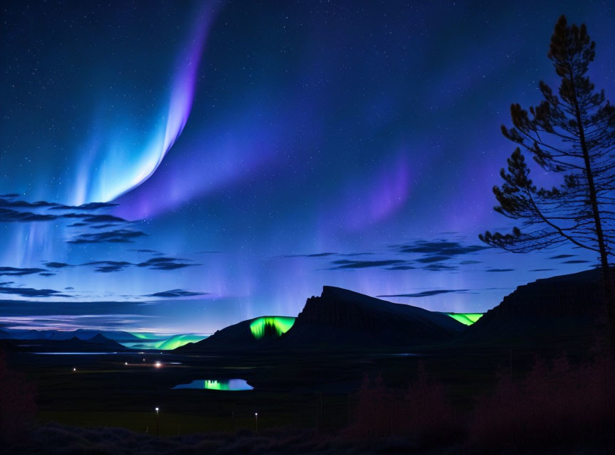 Majestic aurora borealis over serene mountain landscape