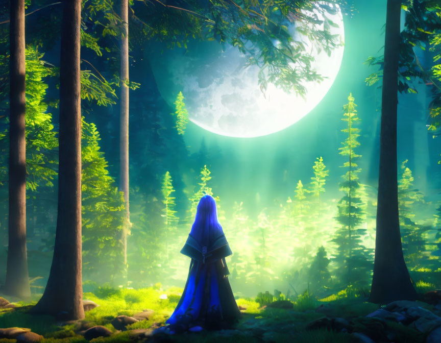 Person in Blue Cloak Stands in Mystical Forest with Full Moon