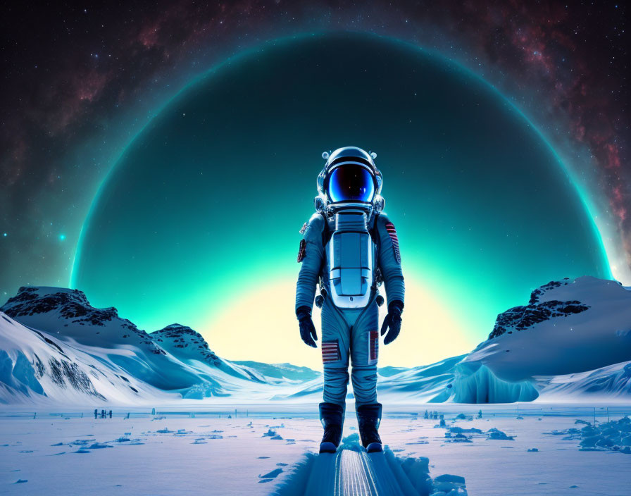 Astronaut on icy alien planet with aurora and snowy mountains