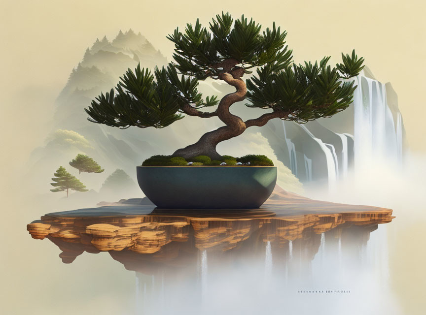 Tranquil Bonsai Tree on Floating Landmass with Waterfalls