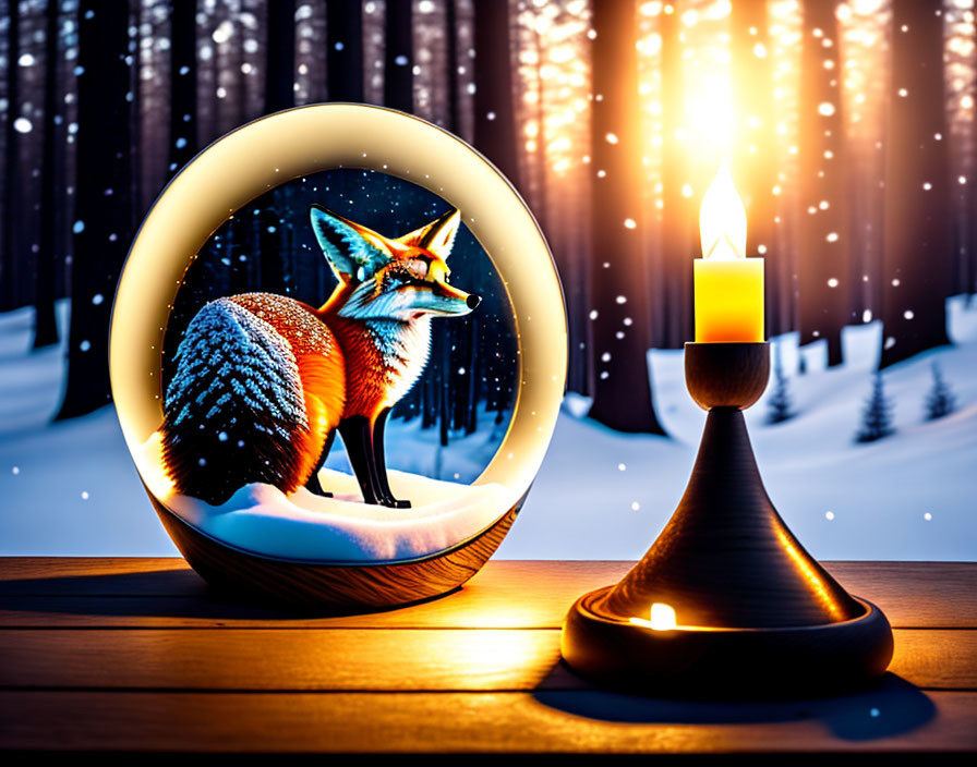 Fox in snow globe with candle and winter forest scenery