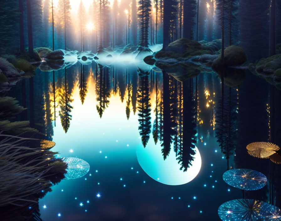 Enchanting forest with glowing lake and luminescent mushrooms