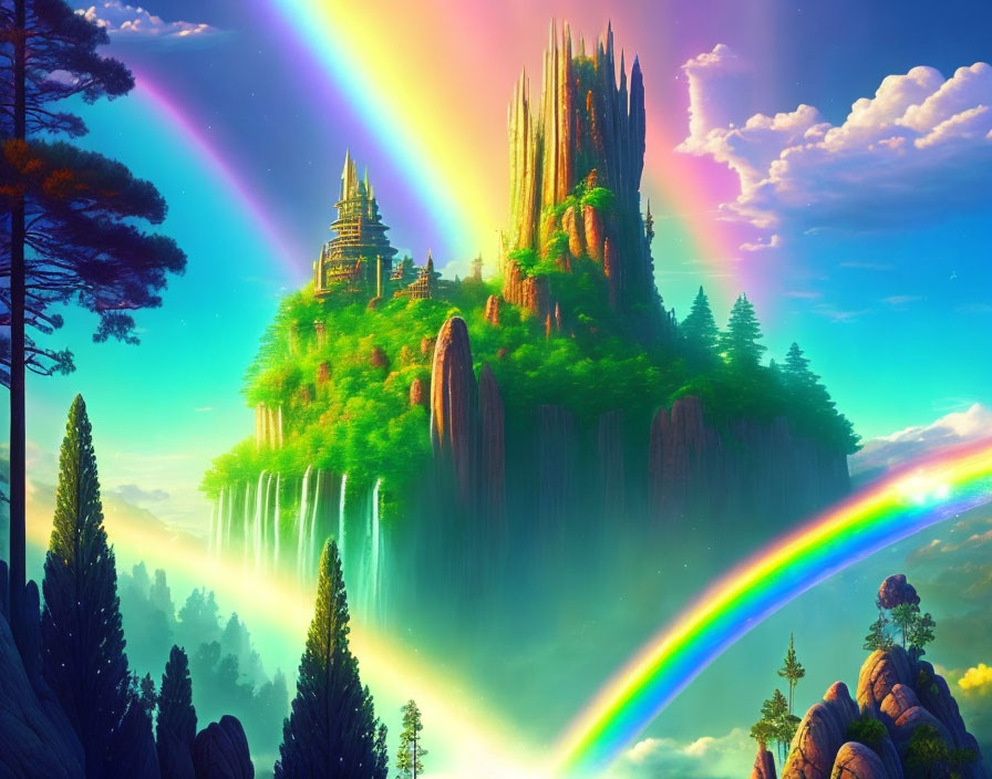 Fantastical landscape with glowing waterfall island and luminescent castle