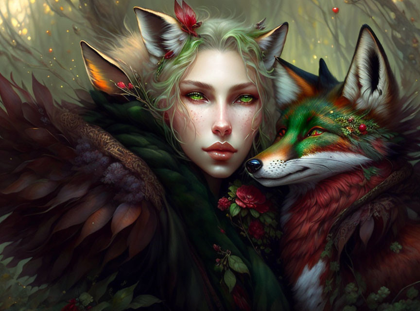 Fantasy illustration of woman with fox-like features and real fox in lush greenery