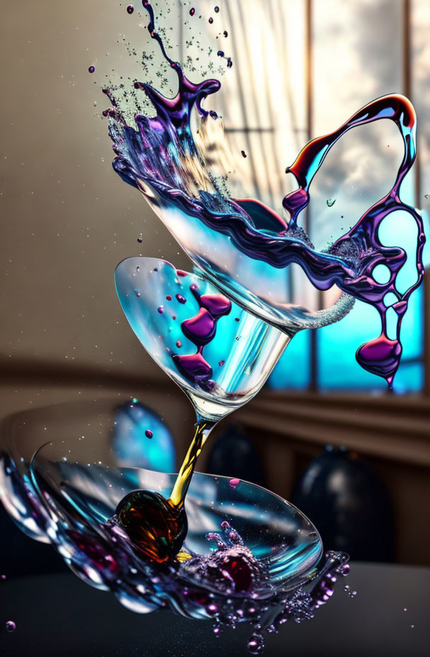 Martini glasses tipping over with colorful liquid splashing, soft window background