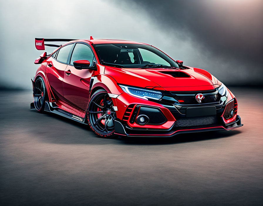 Customized red and black Honda Civic Type R with aftermarket body kit and large rear wing on moody