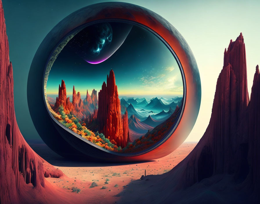 Surreal landscape with rocky spires, foliage, and distant planet in teal sky