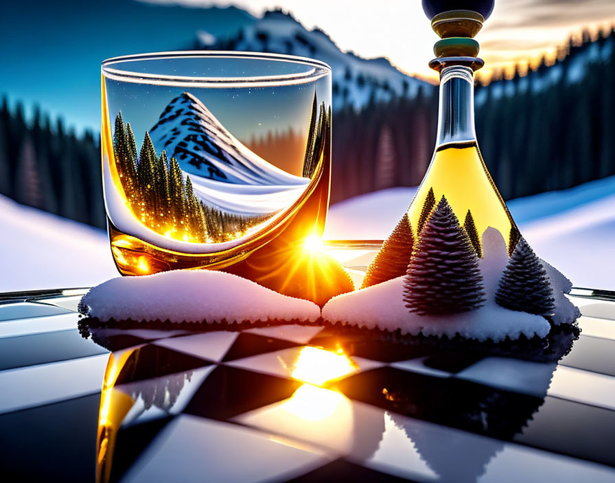 Glass with Mountain Scene Etched and Decanter on Reflective Surface