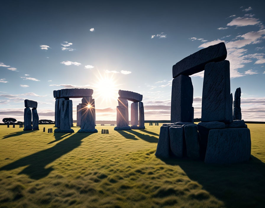 Stonehenge at Sunrise with Long Shadows and Clear Sky