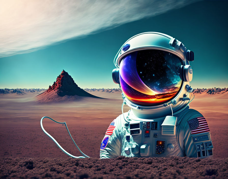 Astronaut on alien landscape with vivid skies and mountain backdrop