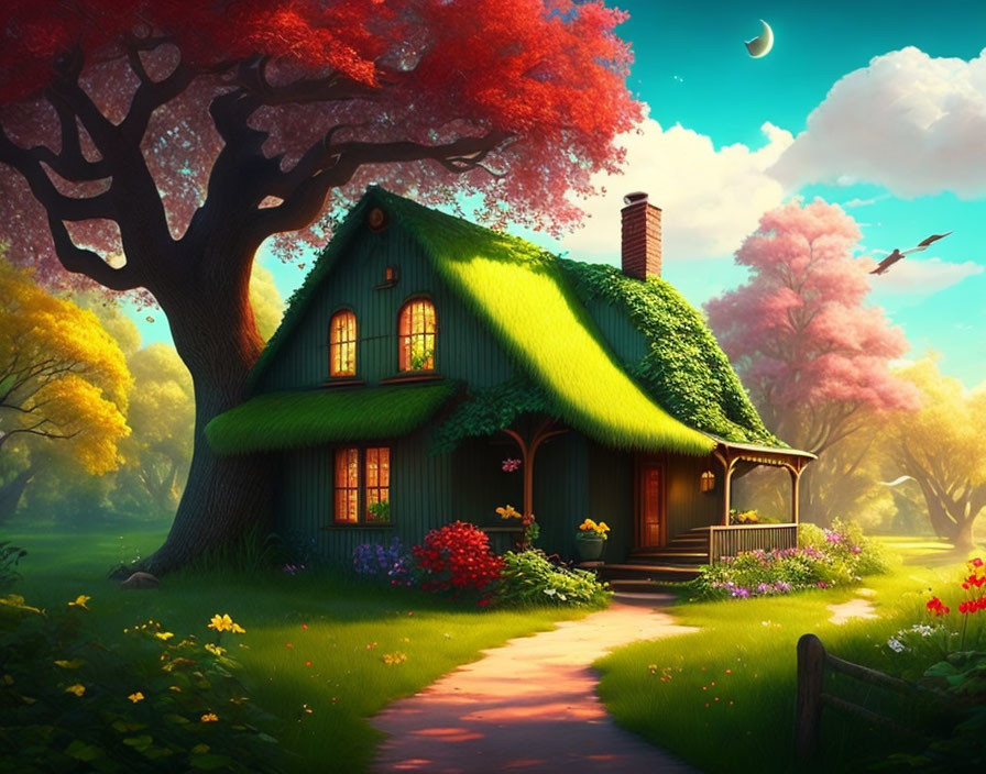 Cozy cottage with green roof surrounded by colorful trees at twilight