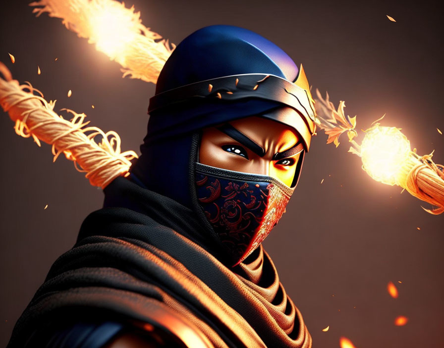 Stylized ninja with blue headband throwing fiery shurikens on dark background