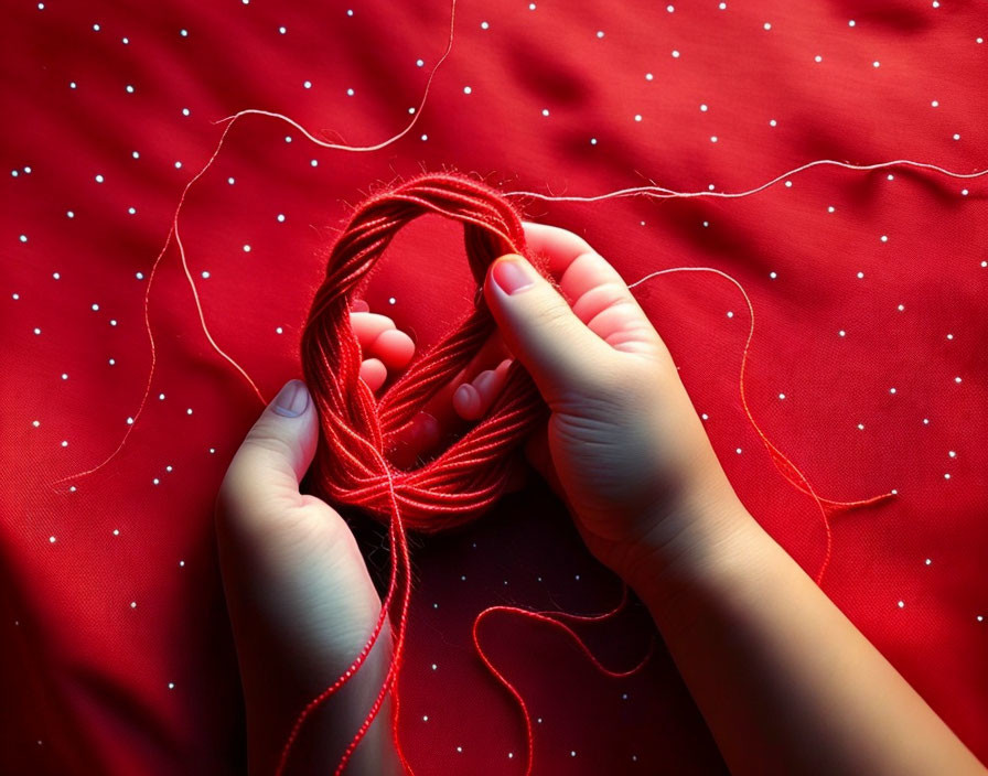 Red nail polish hands untangle red thread on dotted fabric