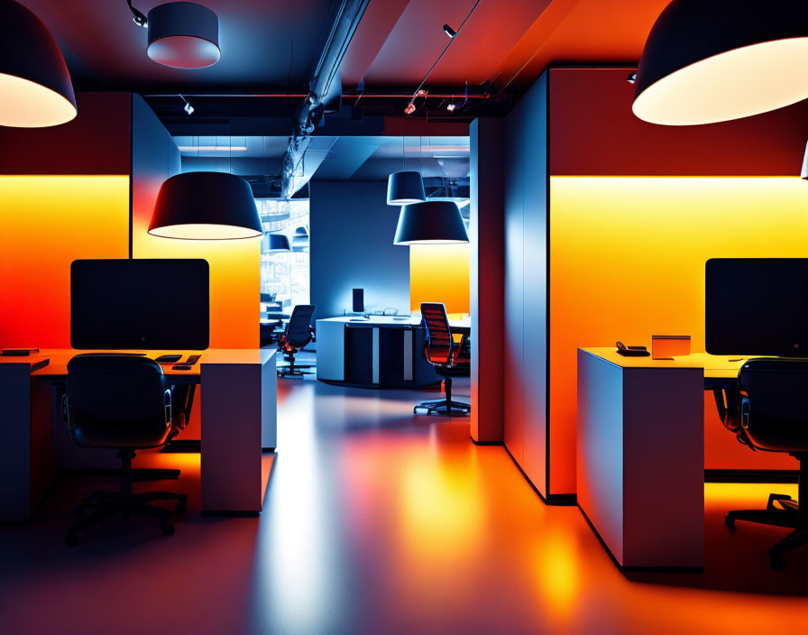 Sleek Black Desks, Ergonomic Chairs & Dynamic Lighting in Modern Office