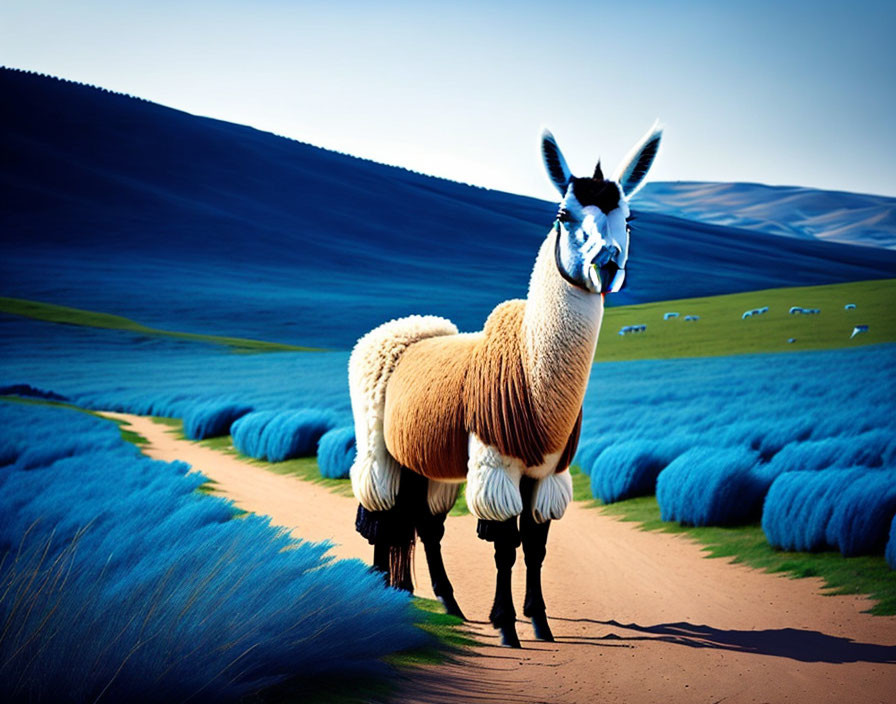 Stylized llama on vibrant blue and green landscape