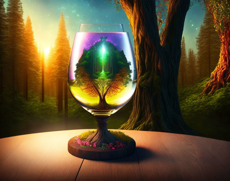 Surreal wine glass with cosmic tree and sunrise forest landscape