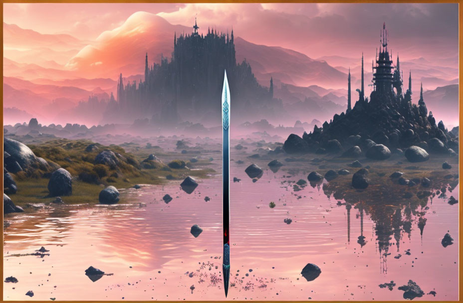 Pink-hued skies over mystical landscape with central monolith and distant castles