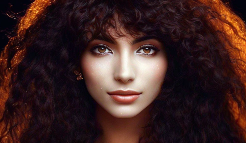 Portrait of Woman with Voluminous Curly Hair and Striking Eyes