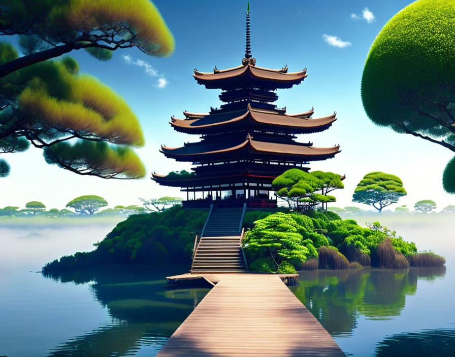 Traditional pagoda surrounded by greenery and lake under blue sky